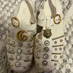 Gucci White Jelly Crystal-Strap Sandals with Gold Hardware